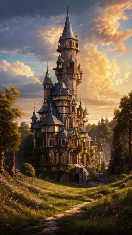 Masterwork Painting, Magnum Opus,
<lora:Wizard_Tower:0.75> witow, castle, cloud, cloudy sky, grass, no humans, scenery, sky, tower, tree, <lora:Fantasy_Mountains:0.75> fanmou, footprints, forest, grass, nature, no humans, outdoors, sky, tree,
highres, 8k, uhd, High Dynamic Range, tonemapping, crisp details, intricate details, fine details
