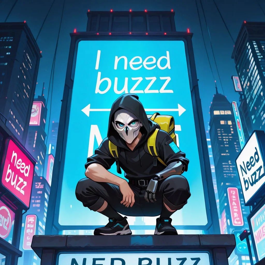 masterpiece, best quality, 2d, mrporty, need_buzz, absurdres, dramatic lighting, volumetric lighting, dim lighting,
1boy, human, solo, young male, (white owl mask with glowing blue eyes), cyberpunk, techwear, black hoodie, backpack, forearms, cybernetic lines, (single black prosthetic right arm), black cargo pants, belt, black knee socks, black sneakers with white soles, looking at viewer, crouching,
outside, night, city, on top of a building, ((above him is a single large billboard sign in the background displaying a message in bright letters: "NEED BUZZ"))