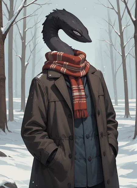 score_9_up, score_8_up, score_7_up, score_6_up,
<lora:Squellac_species_XL_v2:1> squellac, alien, black body, scarf, coat, hands in pockets, long neck, winter,