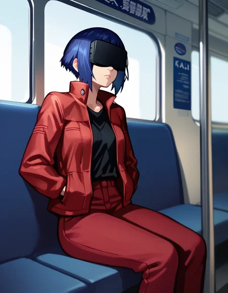 score_9, score_8_up, score_7_up, source_anime
<lora:kusanagi-arise-ponyxl-000060:1> kusamoar, red jacket, black shirt, red pants,
1girl, sitting, train interior, wearing VR headset