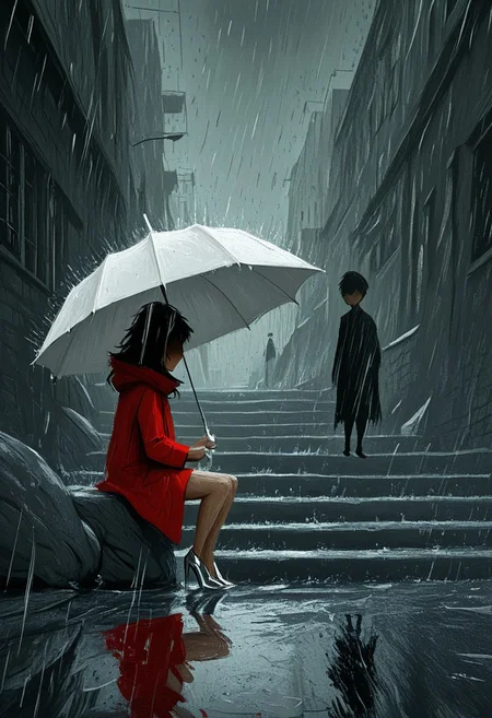oil painting, woman in bright red coat sitting on stone steps, holding white umbrella in rain, bare legs with silver high heels, dark moody atmosphere, impressionistic brushstrokes, heavy texture, palette knife technique, faceless figure, rainy city scene, water puddles reflecting light, dramatic contrast between red coat and white umbrella, urban setting, moody weather, impasto technique, expressive art style, rich textures, emotional artwork, contemporary impressionism, thick paint application, romantic rainy day, melancholic mood, artistic composition
