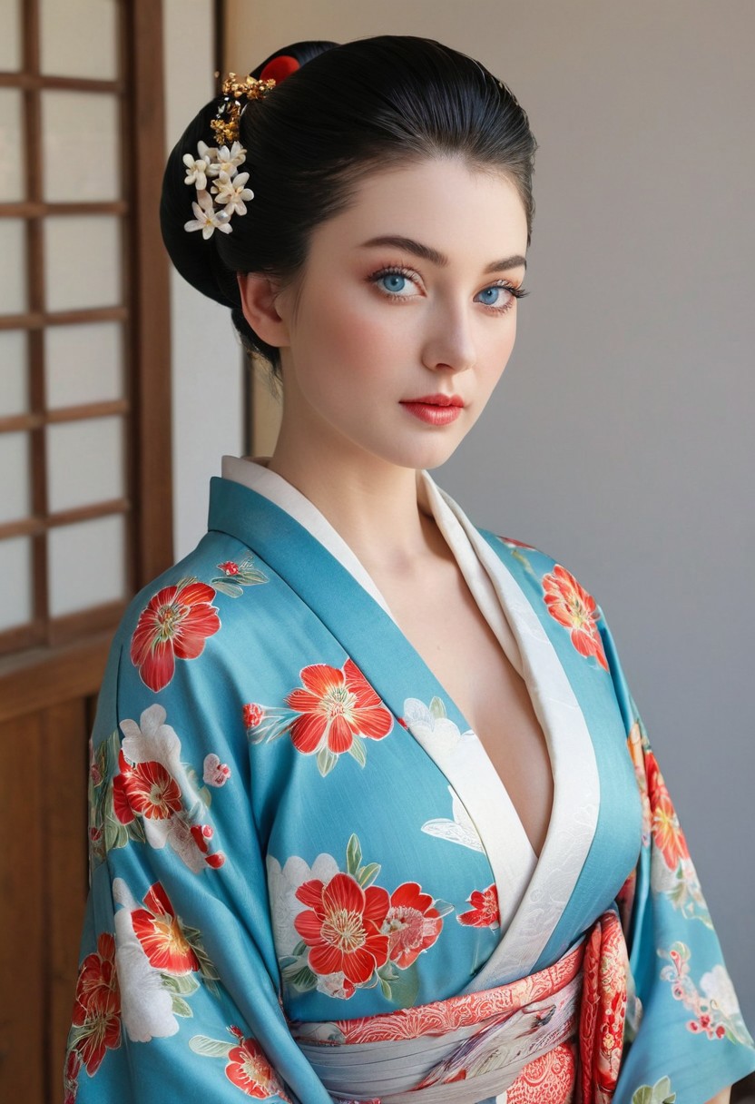 embedding:urn:air:sd1:embedding:civitai:222256@250708,  score_9, score_8_up, score_7_up, rating_explicit, MythAn1m3, 4k, masterpiece, highly detailed, 18yo, girl, Blue eyes. small perfecteyes , no makeup. Clear skin.  realistic skin style, Long dark black slick back hair. No makeup. Cheerful morning , bright sun light. fancy hair style, decorated hair style, sexy, extremely beautiful, stunning beauty, striking beauty, beautiful face, Japanese girl, perfect anatomy, (aristocracy, geisha, beautiful kimono),(cleavage:1.2, huge breasts), bursting breasts, smooth skin, seductive, tea house, Slight smile, tilting head. Tilt head. Looking at viewer. (full shot:1.5).