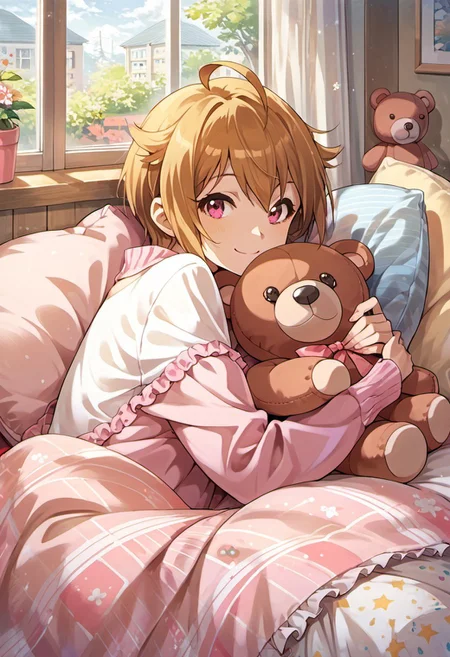 score_9, score_8_up, score_7_up, source_anime,ibuki tsubasa, short hair, ahoge, pink eyes, brown hair, 1girl, stuffed toy, teddy bear, stuffed animal, pillow, solo, lying, smile, blanket, looking at viewer, window