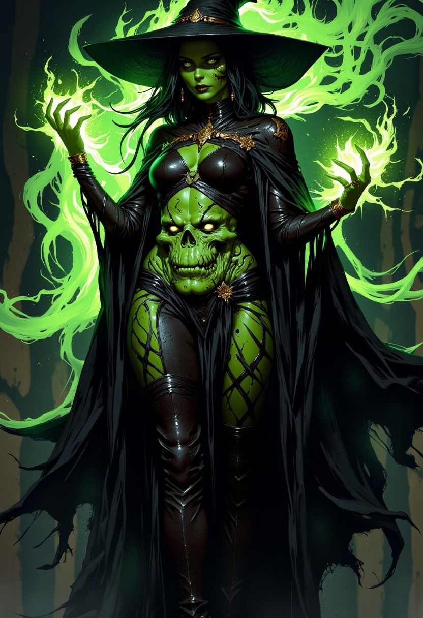A seductive witch, orgasmic pleasure, green and Black body painting patern, tentacles emerges from her skin, a face of cthulhu in his belly, mix sexy and grotesque,  Tight high boots, high heels, cape, hat