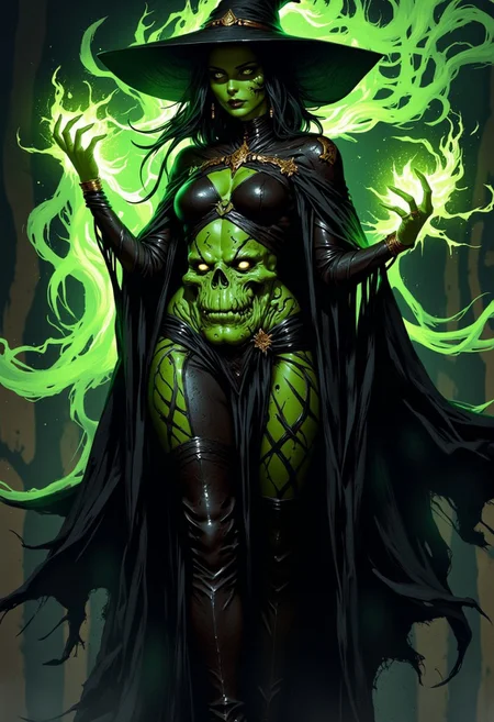 A seductive witch, orgasmic pleasure, green and Black body painting patern, tentacles emerges from her skin, a face of cthulhu in his belly, mix sexy and grotesque, Tight high boots, high heels, cape, hat