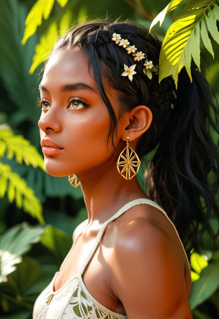 (score_9, score_8_up, score_7_up, score_6_up), fashion photography portrait of thai girl with green hair, in lush jungle with flowers, 3d render, cgi, symetrical, octane render, 35mm, bokeh, 9:16, (intricate details:1.12), hdr, (intricate details, hyperdetailed:1.15), (natural skin texture, hyperrealism, soft light, sharp:1.2), detailed, sunlight passing through foliage, (dynamic pose), (side view), thailand
