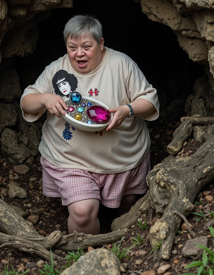 Down syndrome, A digital double exposure photo, a obese elderly woman with Down syndrome is escaping a collapsing cave while carrying precious gems. No watermark, no signature, no logo, no deformed hands.