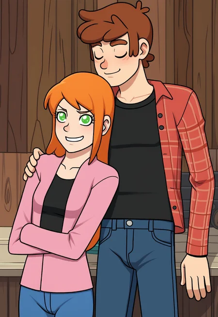 1boy, 1girl, photoshoot, couple boy with arm around girl BREAK chdipper, chjuliepower BREAK chdipper wearing dip outfit BREAK chjuliepower wearing a pink-black shirt, chjuliepower wearing black thigh high socks