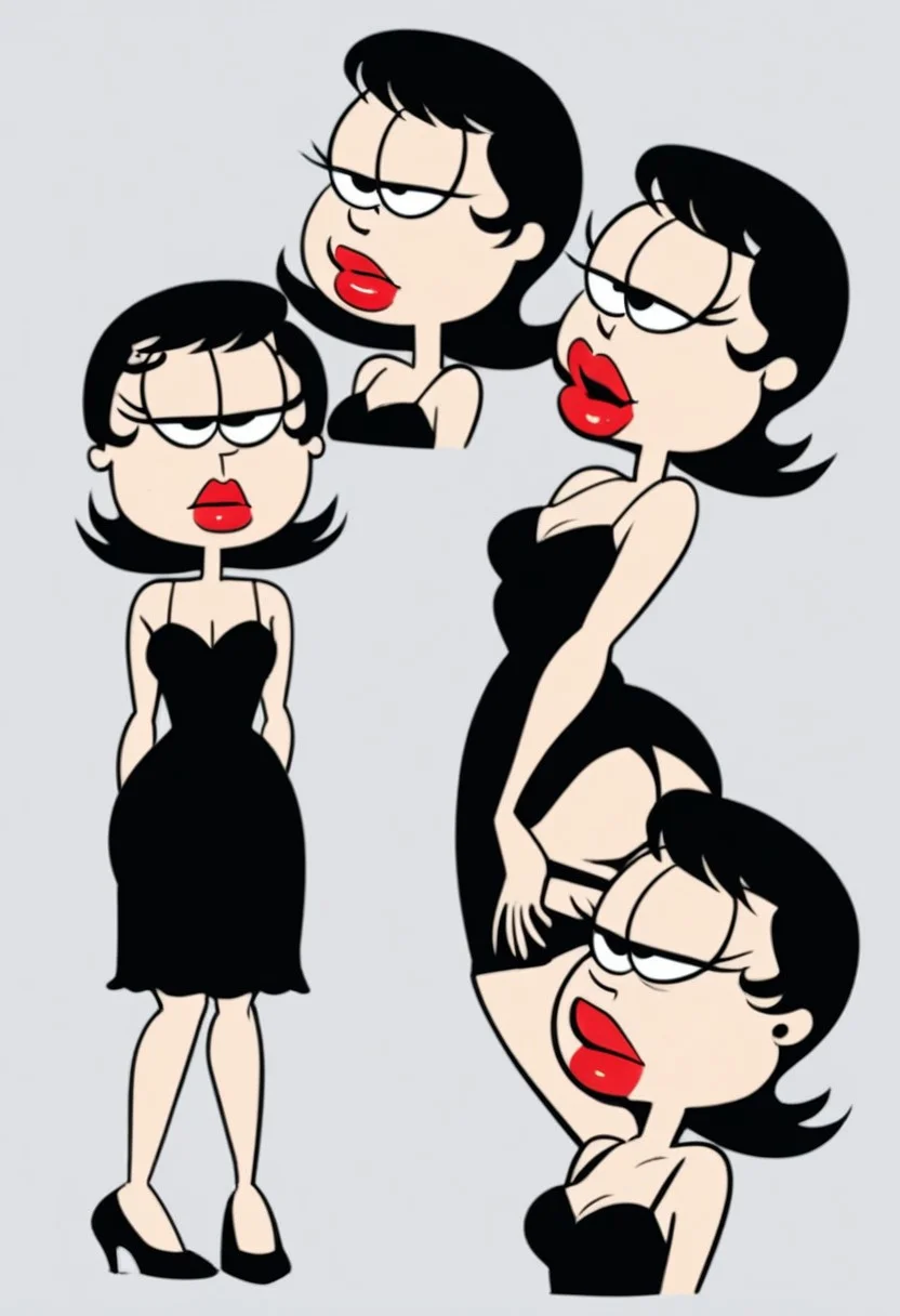 Score_9,score_up8,score_up7,score_up_6,
LizW,Black hair, red lips, big lips, black eyes, black dress,human,,cartoon eyes, solo,1 girl, bang's over eyebrows , single bang, bang over eyes, full open eyes,
Break;
sexy lingerie, underwear, see-through, simple grey background,,sexy pose, full body,, ass focus,