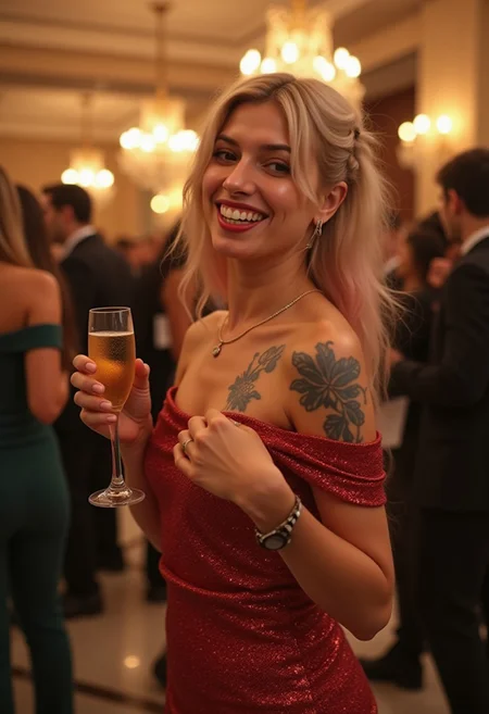 A highly detailed, ultra-realistic photo of Harley Quinn, her makeup slightly toned down but still recognizable with her iconic pale skin, red lipstick, and faint smudges of blue and pink around her eyes. She’s attending an elegant cocktail party, wearing a stunning, off-shoulder glittering gown that sparkles under the soft ambient lighting. A beautifully intricate tattoo graces her exposed shoulder, adding a personal touch to her otherwise refined appearance. In her hand, she holds a champagne flute, the golden liquid shimmering as she playfully winks at the viewer, a mischievous smile on her lips.
The setting is a luxurious, cinematic ballroom, with warm, golden lights softly glowing from chandeliers and reflections bouncing off polished marble floors. The camera captures her from a low angle, emphasizing her confident, carefree attitude, while the crowd around her fades into a blurred bokeh of motion. The atmosphere feels vibrant and alive, with clinking glasses, laughter, and soft jazz music filling the air. The subtle movement in the background, coupled with her playful expression, adds a dynamic energy to the photo, making Harley Quinn the center of attention in this classy, yet lively, environment.
