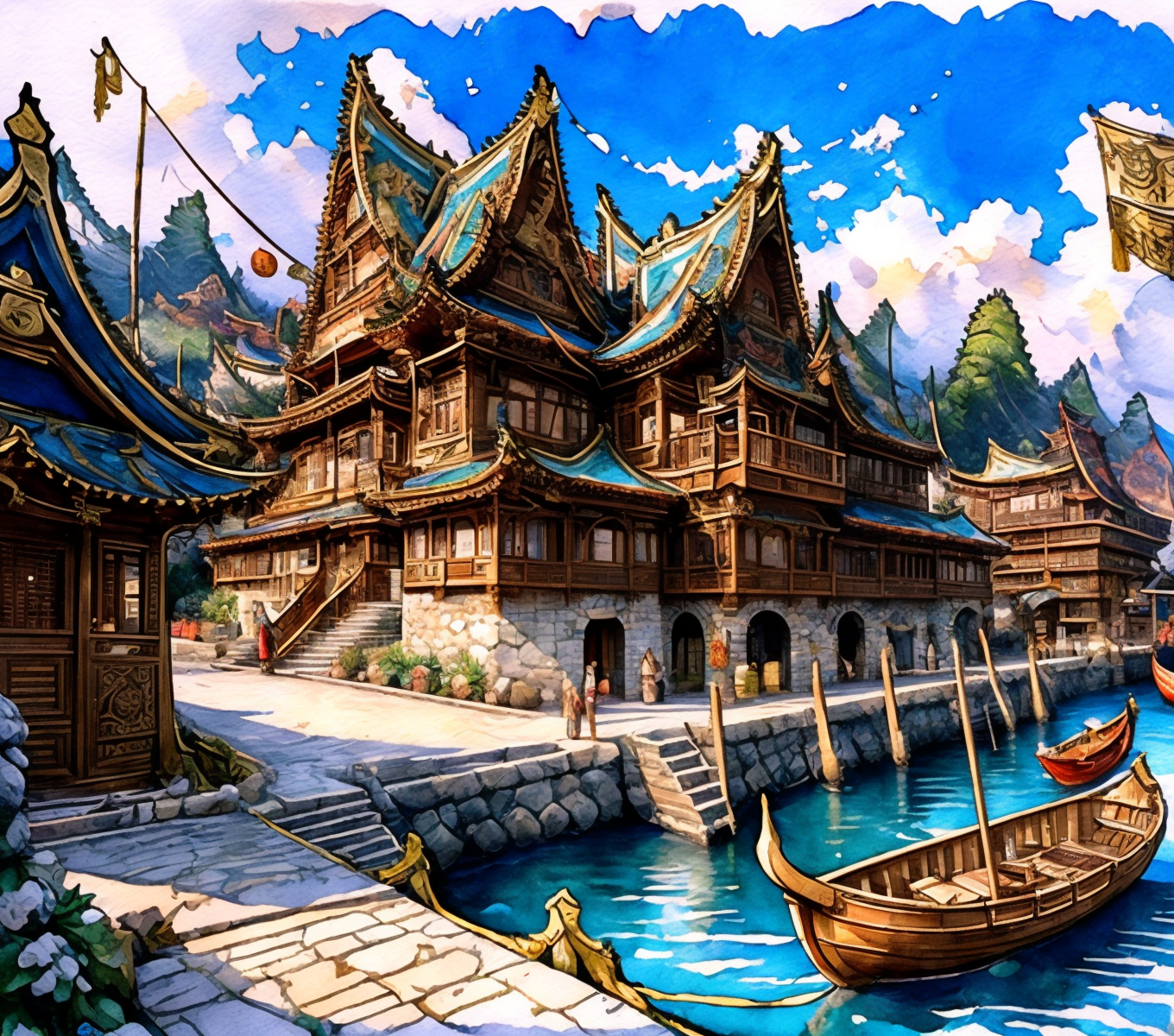 RAW photo, (masterpiece:1.3), subsurface scattering, heavy shadow, (high quality:1.4), (intricate, high detail:1.2), professional photography, HDR, High Dynamic Range, realistic, ultra realistic, photorealistic, high resolution, film photography, ambient lighting, atmospheric effects, <lora:detail_slider_v4:2>, OverallDetail,  <lora:HarborAndDocks:1>, barrel, blue sky, boat, bridge, building, cloud, cloudy sky, east asian architecture, flag, hado, multiple others, no humans, outdoors, pier, scenery, ship, sky, stairs, traditional media, tree, water, watercraft