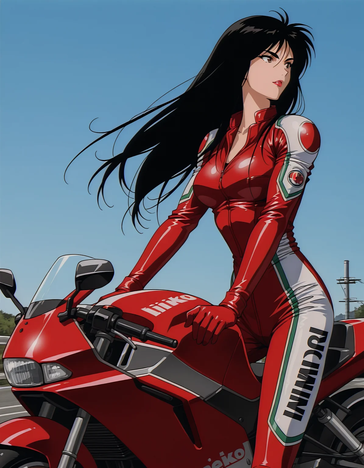 <lora:golden-boy-v2-illustrious-000030:0.8> terayama reiko, black hair, long hair, bikesuit, 1girl, motorcycle, confident, outdoors, blue sky,
cinematic lighting, masterpiece, best quality