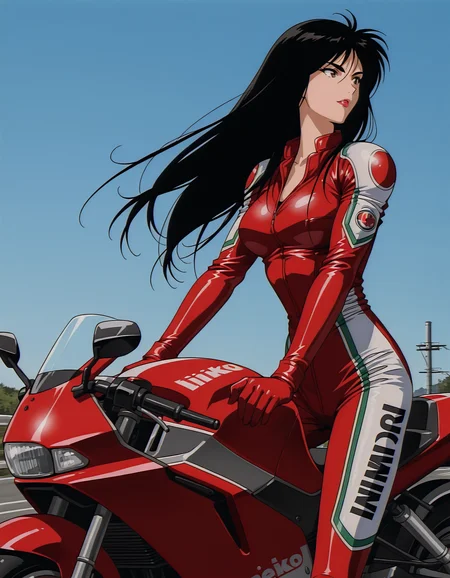 <lora:golden-boy-v2-illustrious-000030:0.8> terayama reiko, black hair, long hair, bikesuit, 1girl, motorcycle, confident, outdoors, blue sky,
cinematic lighting, masterpiece, best quality