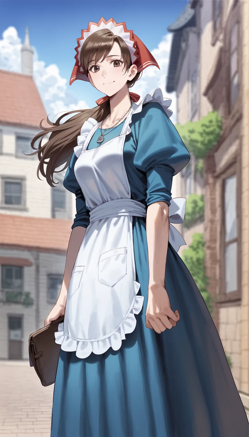 score_9,score_8_up,score_7_up,
realistic,highly detailed,
<lora:aliciamelchiott:0.9>,aliciamelchiott,1girl,solo,
brown hair,low ponytail,brown eyes,looking at viewer,smile,headdress,necklace,blue dress,white apron,cowboy shot,standing,from below,outdoors,blue sky,street,vignetting,blurry background,