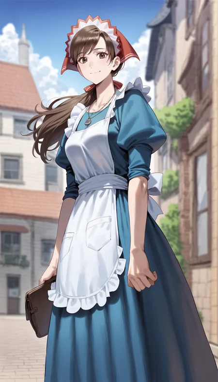 score_9,score_8_up,score_7_up,
realistic,highly detailed,
<lora:aliciamelchiott:0.9>,aliciamelchiott,1girl,solo,
brown hair,low ponytail,brown eyes,looking at viewer,smile,headdress,necklace,blue dress,white apron,cowboy shot,standing,from below,outdoors,blue sky,street,vignetting,blurry background,