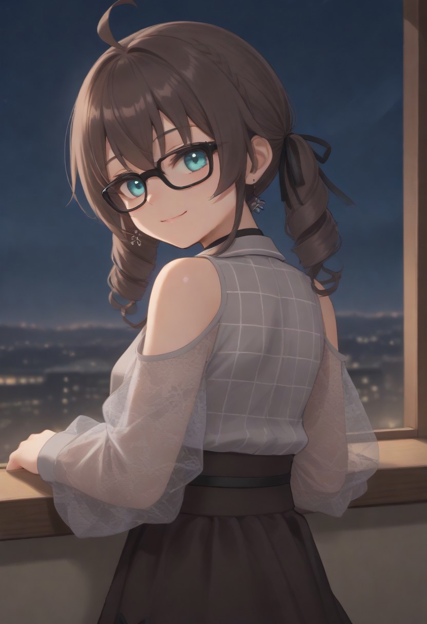 1girl, solo, solo focus, highres, absurdres, MatsuriMineGirl, brown hair, bangs, grey shirt, ahoge, twintails, black ribbon, black choker, hair between eyes, hair ribbon, brown skirt, shoulder cutout, collared shirt, flower earrings, black bowtie, blue eyes, white jacket, see-through sleeves, lace sleeves, plaid shirt, high-waist skirt, puffy short sleeves, medium hair, open jacket, small breasts, long sleeves, drill hair, black-framed eyewear, braid,
looking at viewer, evil smile, closed mouth, head tilt, from behind, looking back,
indoor, cityscape, neon lights, window, dark, night, night sky, 
light particles, backlighting, shade, light rays, lens flare, shiny skin, fine fabric emphasis,