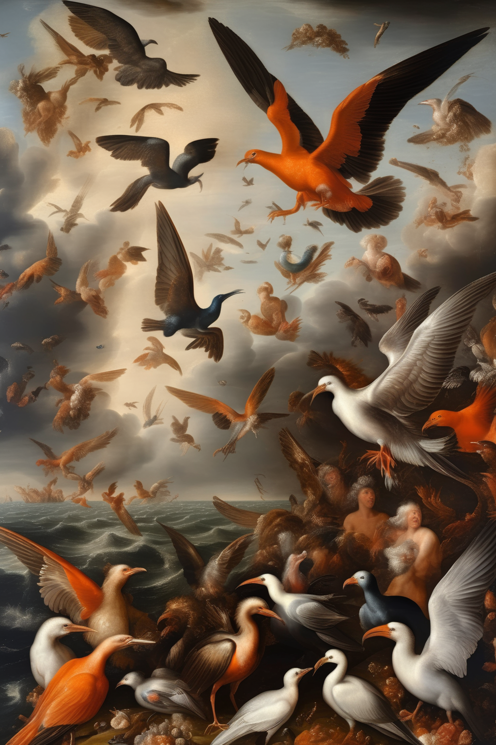 <lora:Jan Brueghel Style:1>Jan Brueghel Style - In the style of Classical oil painting, God creating all forms of sea creatures and birds. The ocean teeming with life and the sky filled with birds in flight