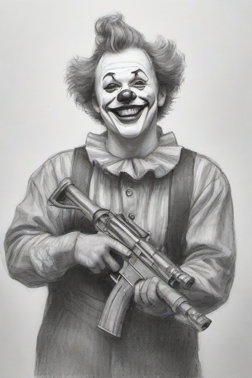 <lora:PE_PencilDrawing:0.8> PEPencilDrawing,
clown holding a machine gun,happy,smiling