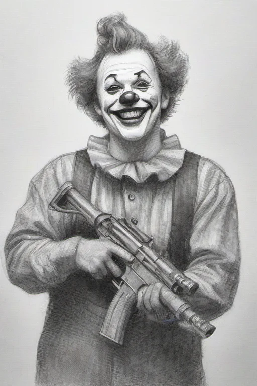 <lora:PE_PencilDrawing:0.8> PEPencilDrawing,
clown holding a machine gun,happy,smiling