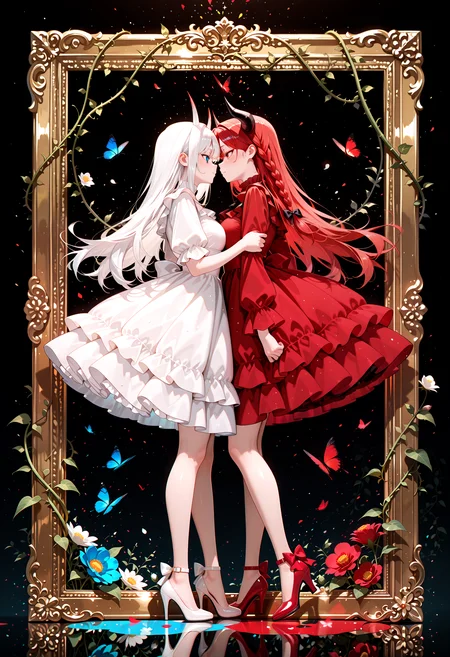 lazympos, adult, newest,absurdres,incredibly absurdres, best quality, amazing quality, very aesthetic,
2girls, multiple girls, white hair, long hair, red hair, single braid, red frilled dress, horns, white frilled dress, high heels, white footwear, red footwear, grabbing another wrist, full body, face-to-face, profile, black background, gradient background, picture frame, red butterfly, blue butterfly, (flowers), vines, gradient, surreal,