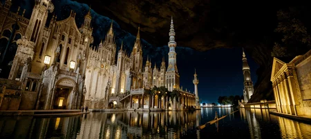 Art Deco painting. Ground level view long shot. A magnifcent Welsh distant city inside a cave with bioluminescent funghi at night. modern theme. Intricate white and bronze and gold Gothic details. Overall, the scene is flooded and is very detailed. Dramatic lighting illuminates the scene from the right. <lora:Paper_Marbling_Flux:0.4> <lora:midjourney_whisper_chromaplex_v1:0.4> <lora:flux.1_lora_flyway_Epic-detail_v2:0.5> <lora:C00lH0use:0.6>