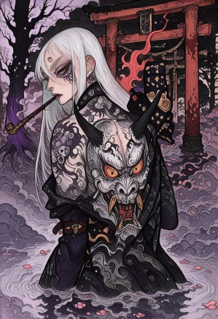 , best quality, amazing quality
, line art, line drawing, linesrt, shibari
, 1girl, solo, Nurarihyon, long hair, white hair, smoking pipe, pipe in mouth, purple smoke in pipe, kimono , (hold katana), show back,  asscheek, look at viewer, 
, reveal upper body from the water, water reflection
, outdoors, lacquerware, sake, pink petals floating on the water,  Torii, Crooked dead tree
, black cloud, red smoke, steam, fog, Ukiyoe, close up, bloom
, shadow, local light, spot light, bottom light, title, from side
, back tattoo, tattoo on hips, ass tattoo, skull tattoo
, defocus, foreground, blurry
, ukiyo-e,y0k4i, , dynamic pose, foreshortening, extreme perspective, fighting stance