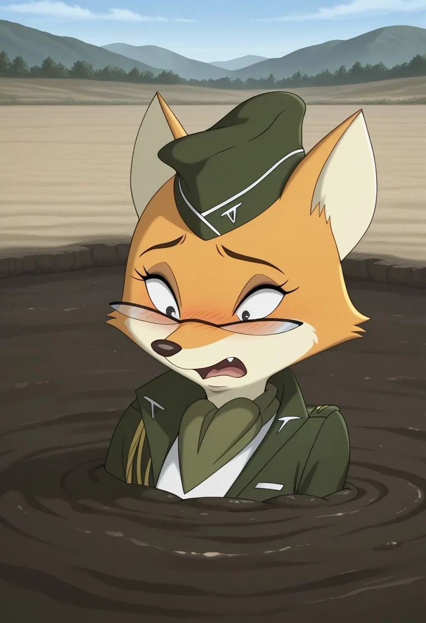 high resolution, absurdres, best quality, 1girl, lt_vixen, anthro, fox, furry, orange fur, tail, dot eyes, green military uniform, military hat, glasses, sky, outside, grasss field, scared, open mouth, (partially submerged, quicksand, white mud, shoulder deep in quicksand, embarrassed, looking down, sand, up to shoulders in quicksand, quarry, upper body, closeup), official style, official art style