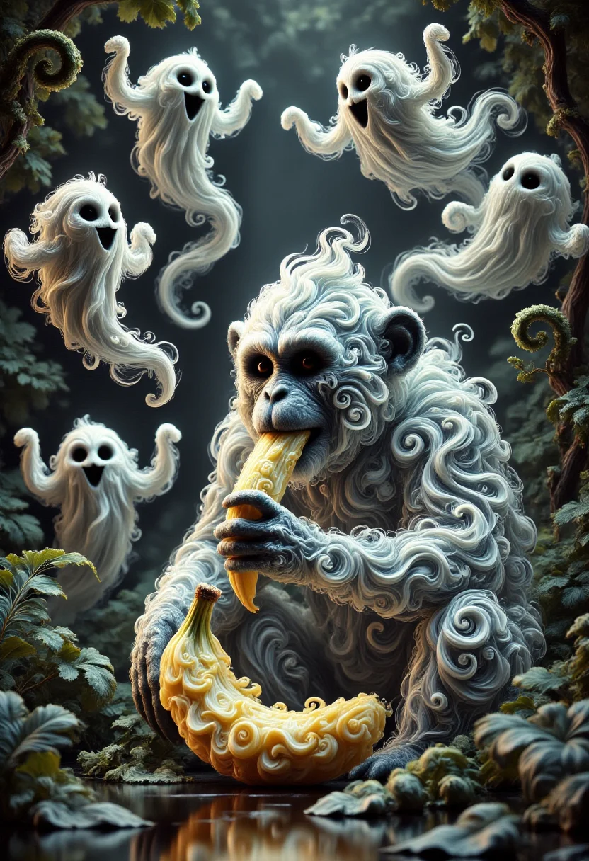 aidmafluxpro1.1,
A monkey made of ghosts is eating a banana. The scene is set in a tropical forest, the setting is surreal with swirly ghosts flying around.
masterpiece, best quality