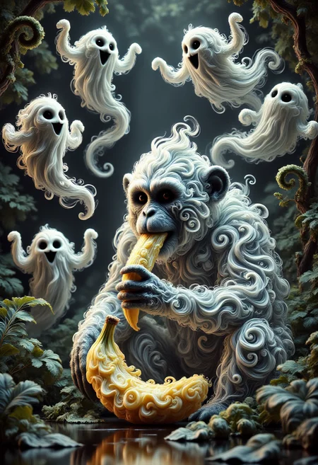 aidmafluxpro1.1,
A monkey made of ghosts is eating a banana. The scene is set in a tropical forest, the setting is surreal with swirly ghosts flying around.
masterpiece, best quality