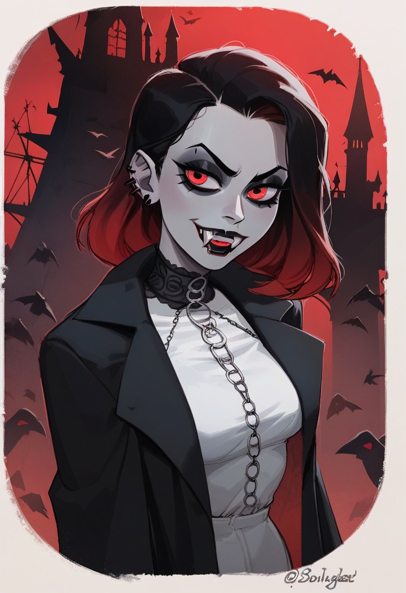 score_9, score_8_up,  score_8_up,  sexy woman,   vampires, intricate outfit, bobcat hairstyle,  black coat,  fangs, smug,  gothic atmosphere, crows, dark castle, outdoors,  black colors, red colors, detailed background,  simple shadows, flat coloring, flat shadows, thick lines, white outline,