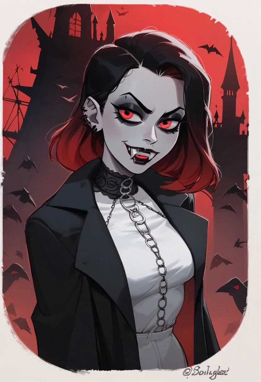 score_9, score_8_up, score_8_up, sexy woman, vampires, intricate outfit, bobcat hairstyle, black coat, fangs, smug, gothic atmosphere, crows, dark castle, outdoors, black colors, red colors, detailed background, simple shadows, flat coloring, flat shadows, thick lines, white outline,