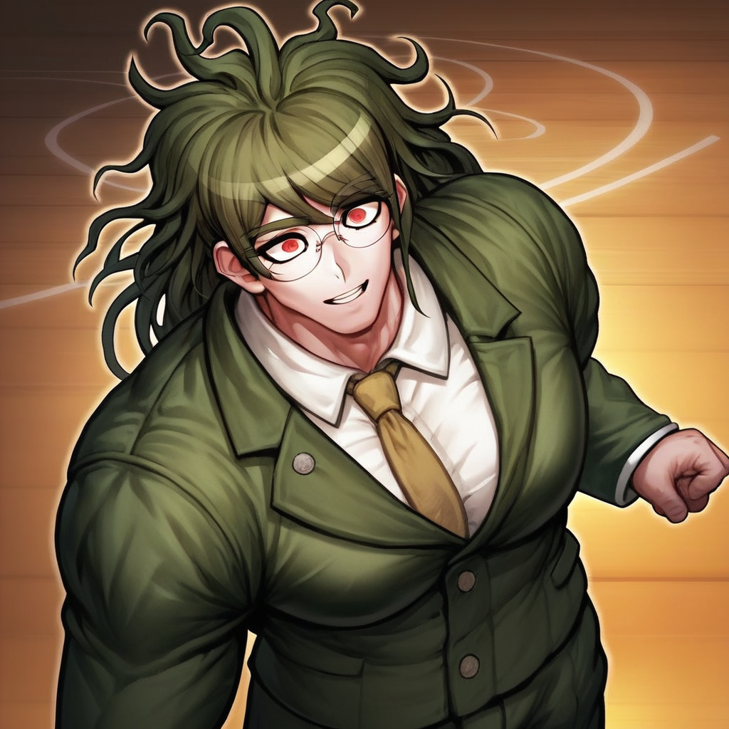 score_9,score_8_up,score_7_up, very detailed, highly detailed texture, (highly detailed face, (perfect face, perfect eyes)), depth of field, perfect soft lighting, best shadows, perfect reflections, volumetric, detailed image, high resolution, defined faces, sharp definition, anime, Bara, 1boy,Gonta Gokuhara, (Danganronpa V3: Killing Harmony), tall man, muscular man, big muscles, long wavy messy hair, forest green color hair, bushy eyebrows, red eyes, glasses, sharp jawline, showing his big pecs, close up on the pecs, pec focus, big pecs, large pecs, big nipples, muscular male chest, dynamic pose, high angle