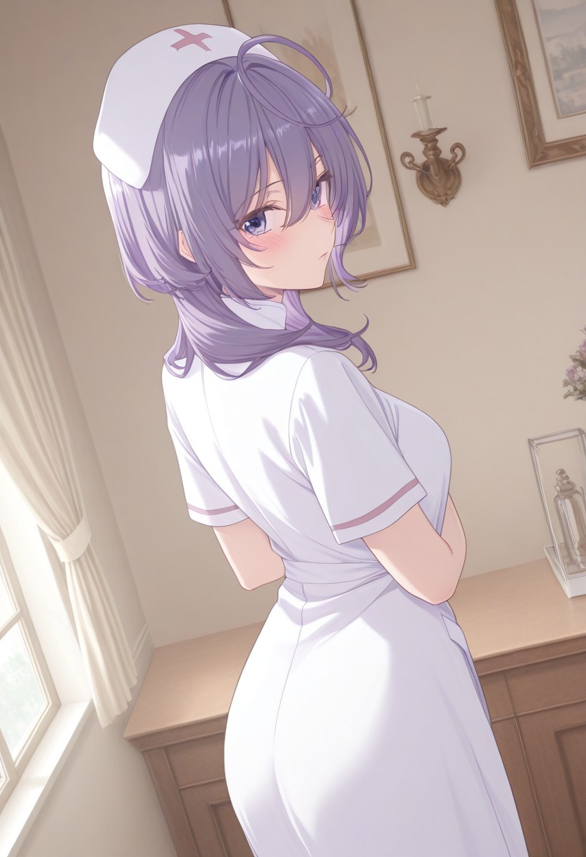 masterpiece, best quality, absurdres, highres,
eye reflection,
philia adenauer,
purple hair, ahoge, long hair, blunt bangs, hair over shoulder, hair between eyes, purple eyes,
1girl, solo, blush,
nurse, white nurse cap, white nurse dress,
scenery, indoors,
dutch angle, looking at viewer, from behind,
