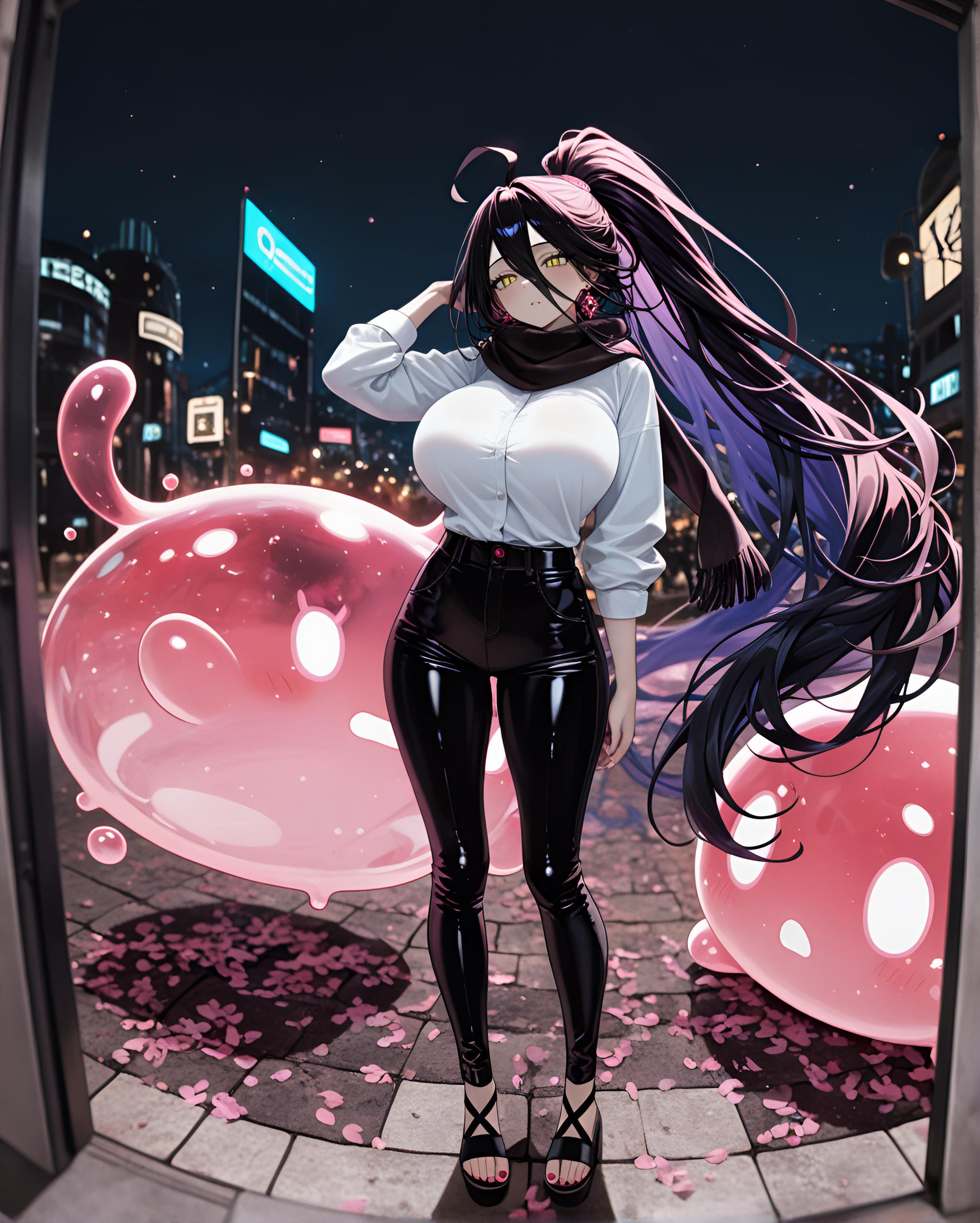 earrings, Northern lights hair, light skin, wide-leg_pants, vhs tape aesthetic, ponytail, Exhausted expression, sandals, depth of field, platforms, fisheye, Neon Ruby Theme, springtime_details, Fantasy floating city market square., 8K, gentle_shadows, very aesthetic, absurdres, motion_lines:1.1, slime_(creature), bell_sleeves_top, huge breasts, masterpiece, Standing with one shoulder raised, motion_blur:1.1, Albedo (Overlord), ambient occlusion, blurry foreground, delicate_curves, 1boy, Sunny/Clear, newest, anime character, absolutely eye-catching, garden_view, amazing quality, ultra-detailed, petal_sheen, long_nails, nail_polish, scarf, slime_(creature), very long hair, HDR, cherry_blossom_pinks, best quality, 1girl, Iridescence / Opalescence