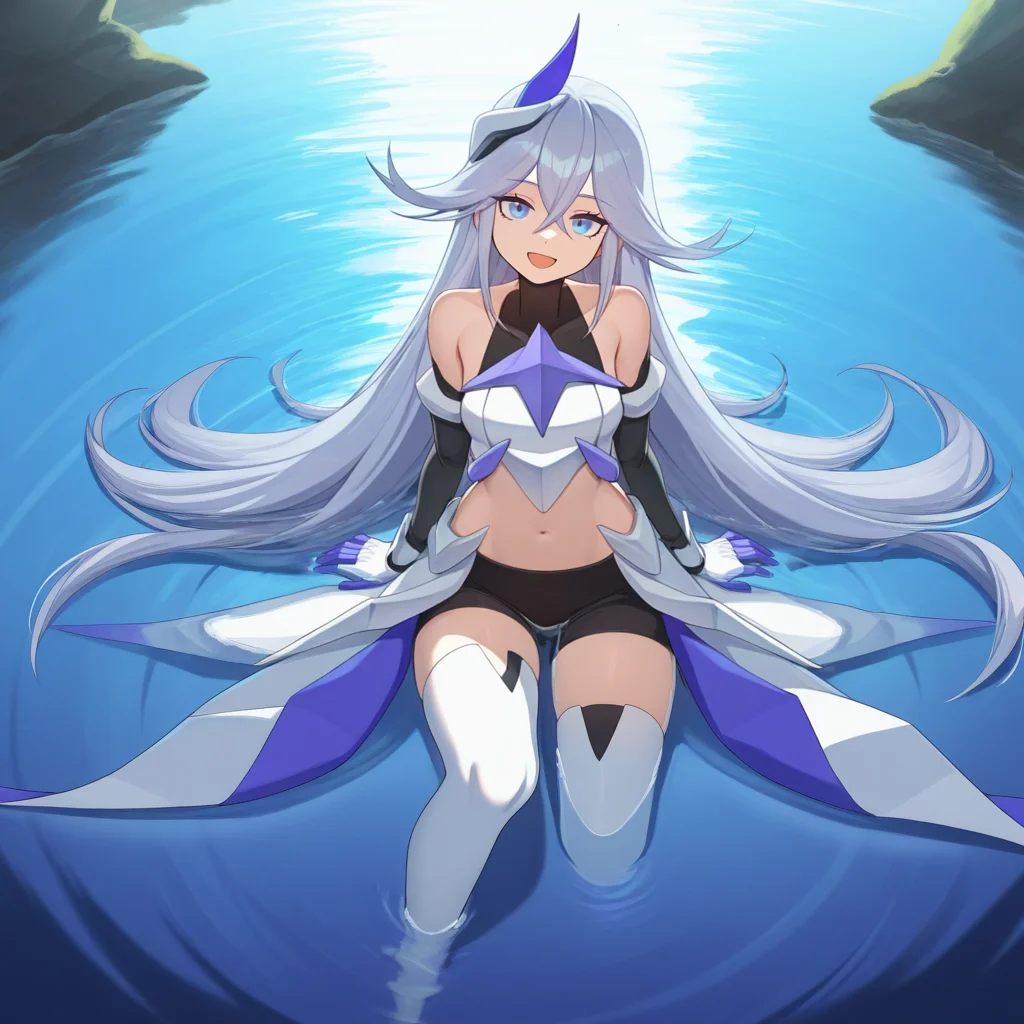 masterpiece, best quality, ultra-detailed, very asthetic, year 2023, very aesthetic, newest, scenery, highres, 4k, absurdres, 8k, colorful,vibrant, glowing, perfect face, 2d, perfect eyes, detailed eyes, 1girl, solo, sitting on water, still water, leaning backwards, arm rest, looking at viewer, open mouth, curious smile, full body, angled shot, foreshortening, reflection, head tilt, Bella, Bel_Def, blue eyes, hair between eyes, long hair, energy wings, hair ornament, sleeveless, thigh boots, white footwear, very long hair, covered collarbone, elbow gloves, grey hair, white skirt, white gloves, purple skirt, two-tone skirt, black turtle neck, two-tone armor, breastplate, armor, detached sleeves, black sleeves, long sleeves, white gauntlets, purple finger gloves, white armor, purple armor, short shorts, black shorts, midriff, navel, white thighhighs,