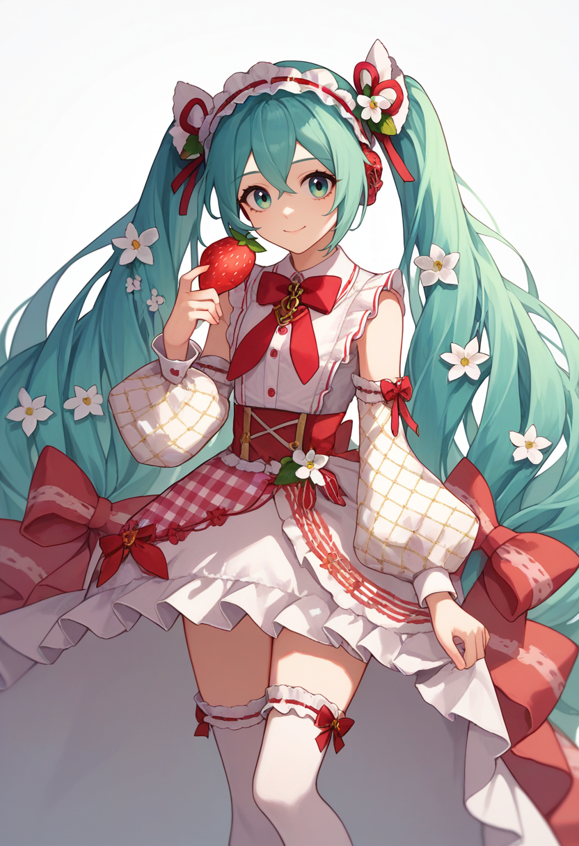 score_9, score_8_up, score_7_up, source_anime, solo, 1girl, strawberrymiku, smile, looking at viewer, holding fruit, strawberry, twintails, hair ribbon, red ribbon, hair flower, white flower, hair bow, red bow, frilled hairband, white dress, frilled dress, sleeveless dress, white sleeves, detached sleeves, puffy sleeves, wide sleeves, white thighhighs <lora:vocaloid_strawberrymiku_ponyXL:1>