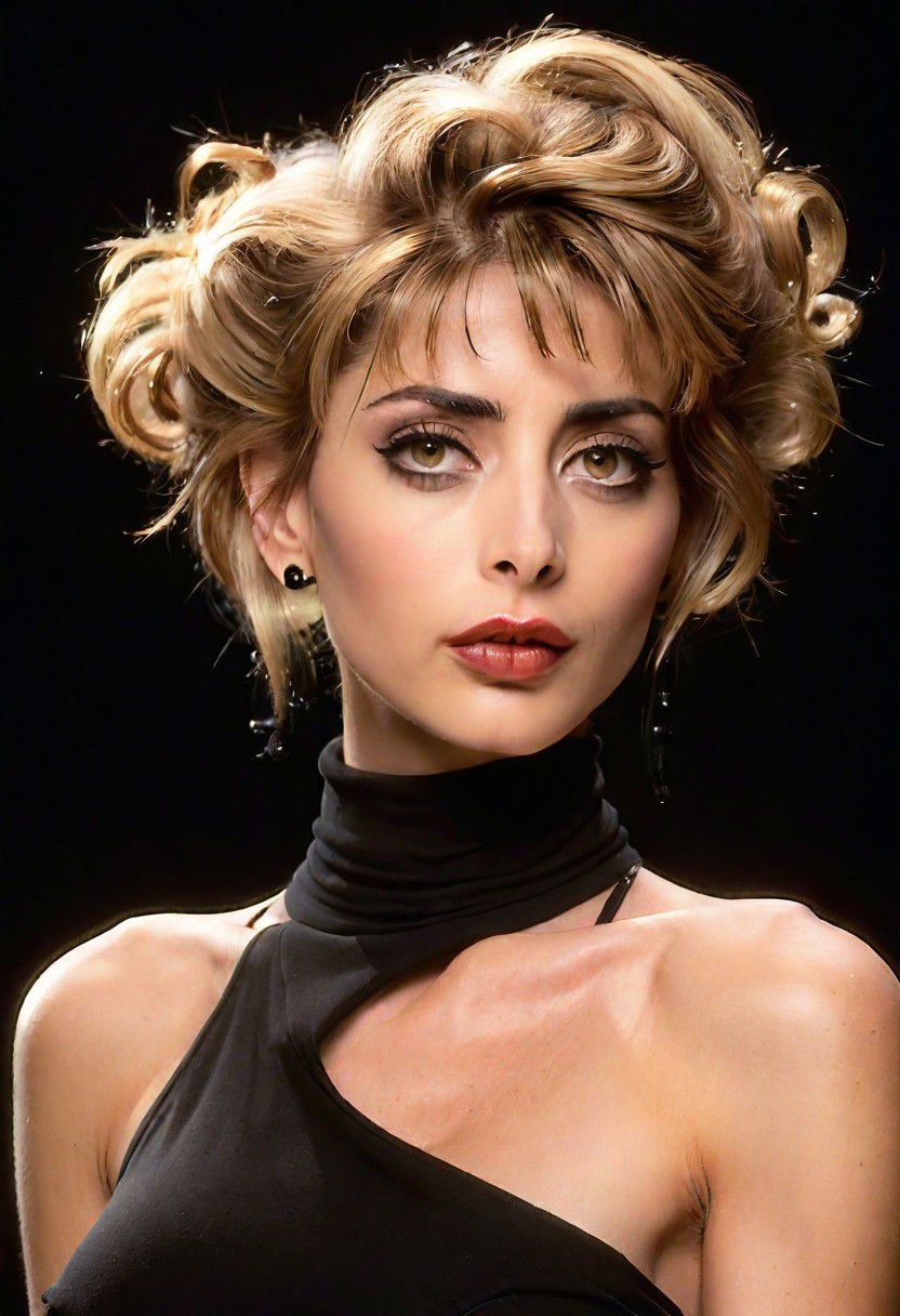 A detailed portrait of a young woman exuding elegance and natural grace. She has a voluminous updo hairstyle with wisps of hair tenderly framing her face. Her hazel eyes are accentuated by tasteful makeup, s. She wears a high-necked black top, suggesting a blend of casual refinement. The lighting should illuminate her face against a subdued background, emphasizing her calm and confident expression. High Fashion, dynamic, dramatic, elegant, High fashion supermodel, avant garde style
fFaceDetaile
pn