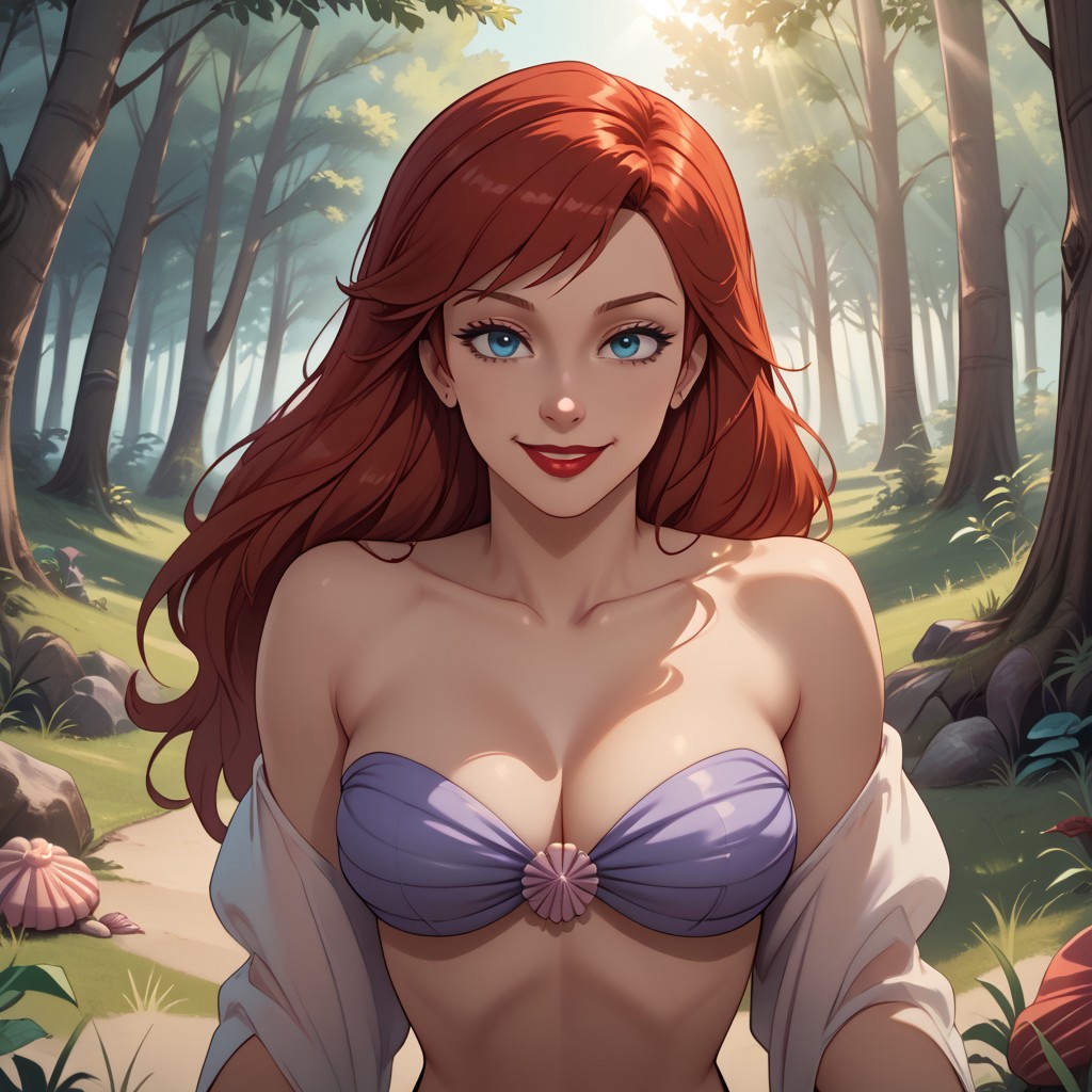 score_9, score_8, BREAK, Ariel, 1girl, blue eyes, red hair, long hair, side bangs, red lips, purple bikini, strapless bikini, (seashell bikini), sexy pose, self portrait, smile, outdoors, sunlight, shadows, evening lighting, natural lighting, forest, trees, grass, orange sky, sunset