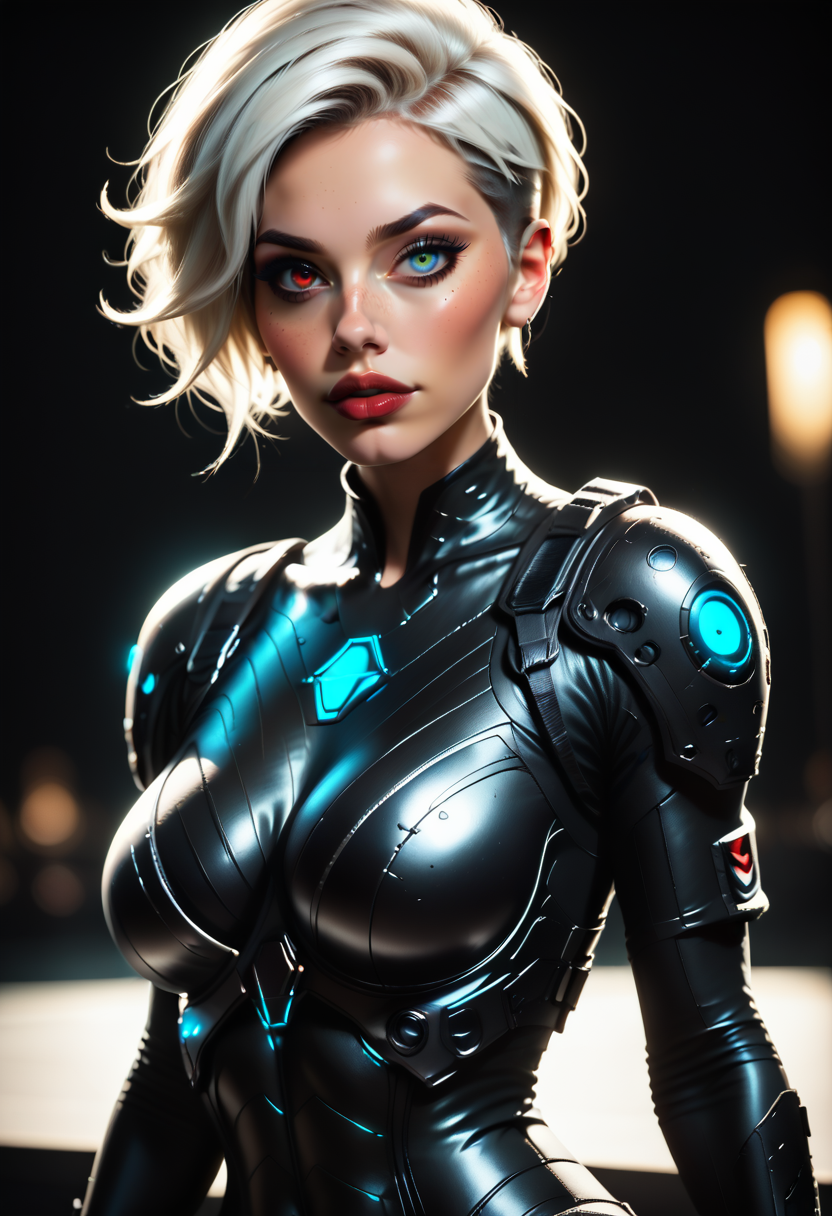 score_9, score_8_up, score_7_up, source_photo, realistic,
1girl, solo, 21yo, beautiful eyes, large lips, freckles, white hair, undercut, large breasts, skinny, toned, dark skin, heterochromia, red eyes:right eye red, blue eyes:left eye blue,
((black bodysuit, body armor, tactical gear, futuristic)),
(simple blurred background, depth of field), ((naughty expression, sexy pose, dynamic angle)),
erotic, elegant, sensual, seductive, bright colors, high contrast, dark background, vivid lighting,
zPDXL, <lora:Dark_Heterochromia_Pony_v0.3:0.7>