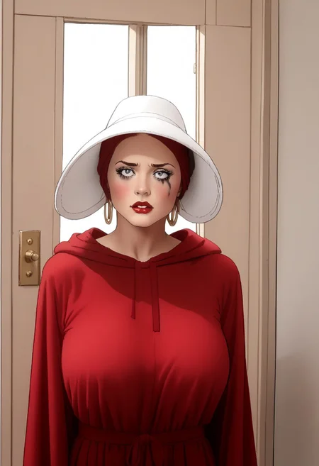 score_9, score_8_up, score_7_up, score_6_up, adult beautiful woman, (chiaroscuro lighting)
source_cartoon, f3rn4nd0, (line art),
solo,
face focus,
(1female), coed
H4NDM41D,red dress, hood, red_robe, hooded_robe, bonnet, white_headwear,
(gigantic breasts), (huge breasts), fully clothed,
blond hair,
red lipstick, long eyelashes, slutty makeup, mascara
((blushing)),
biting her lip,
(extremely thin), (skinny thin), (anorexic thin),
standing in doorway,