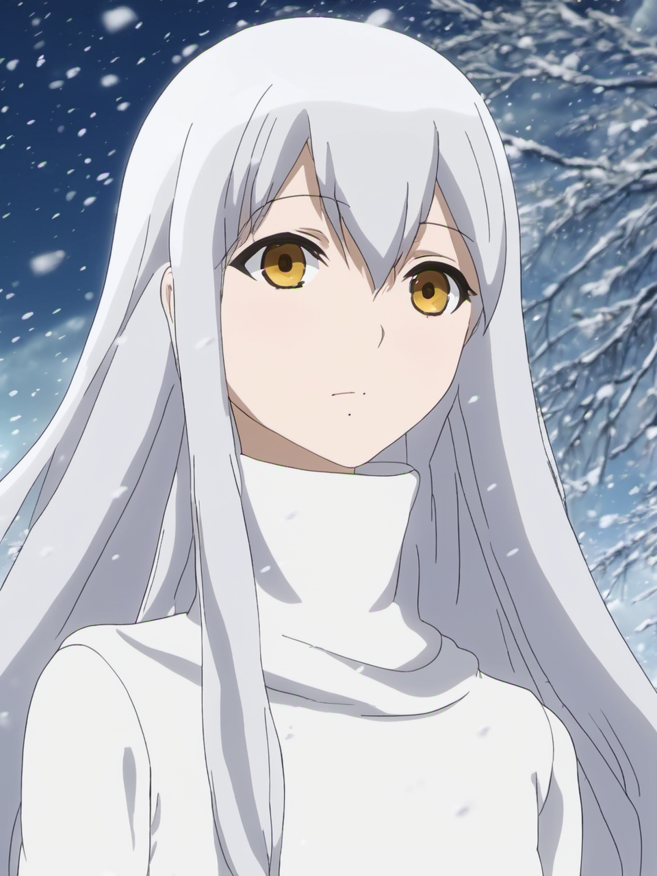 <lora:Kyuono-Heewon-V1.1:0.7>, a photo of anime girl Kyuono Heewon in a white dress standing in the snow, detailed yellow eyes with black pupil, complex background, dystopia, ((full shot)), wearing a white kurta dress with serious looking, 8k, uhd, (masterpiece, best quality, ultra-detailed, best shadow),long straight silver hair, (detailed background,dark fantasy), depth of field,black light particles, dress, symbol-shaped_pupils, nervous, dressed in a gray, epic background