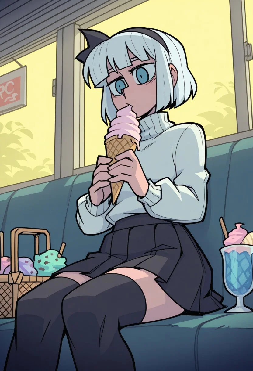 score_8_up, score_7_up, score_6_up, score_5_up, score_4_up, masterpiece, best quality, masterpiece, best quality, aesthetic, alone, solo, super aesthetic, intricate details, vanripper, lighting, female focus, perfect eyes, colorful, BREAK, ((Konpaku Youmu, calm, relaxed, sitting, black skirt, skirt, black thigh highs, white turtleneck, ice cream, munch))