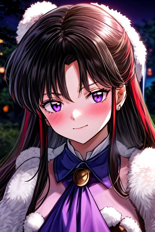 masterpiece,  best quality 1girl Setsun4 solo long hair,  (night time) forest background black hair very long hair purple eyes multicolored hair armor (fur trim) (medium body),<lora:EMS-179-EMS:0.800000>,<lora:EMS-293862-EMS:0.800000> bow, hair_bow, hair_tubes, red_bow, brown_hair, long_hair, bangs, ascot, frilled_bow, yellow_ascot, blush, smile, hair_between_eyes, athletic, armor