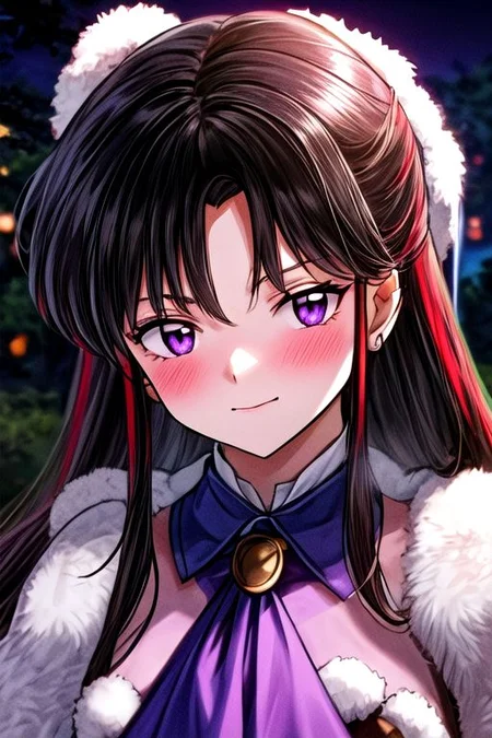 masterpiece, best quality 1girl Setsun4 solo long hair, (night time) forest background black hair very long hair purple eyes multicolored hair armor (fur trim) (medium body),<lora:EMS-179-EMS:0.800000>,<lora:EMS-293862-EMS:0.800000> bow, hair_bow, hair_tubes, red_bow, brown_hair, long_hair, bangs, ascot, frilled_bow, yellow_ascot, blush, smile, hair_between_eyes, athletic, armor