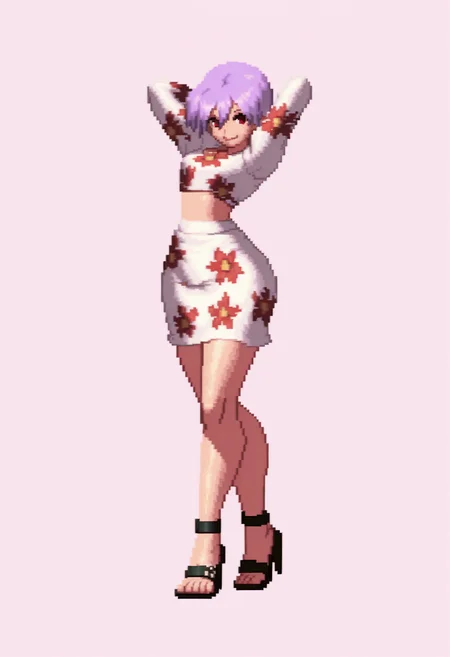 masterpiece, best quality, 1girl, solo, smile, looking at viewer, <lora:KOF-XIII-SpritesV2-illus_Fp:1>, full body, simple background, pixel art, <lora:Lilith-illus_Fp:1>, lilithflo, red eyes, purple hair, short hair, hair between eyes, midriff, floral print, crop top, white skirt, print shirt, print skirt, long sleeves, white shirt, sandals, high heels, arms behind head,