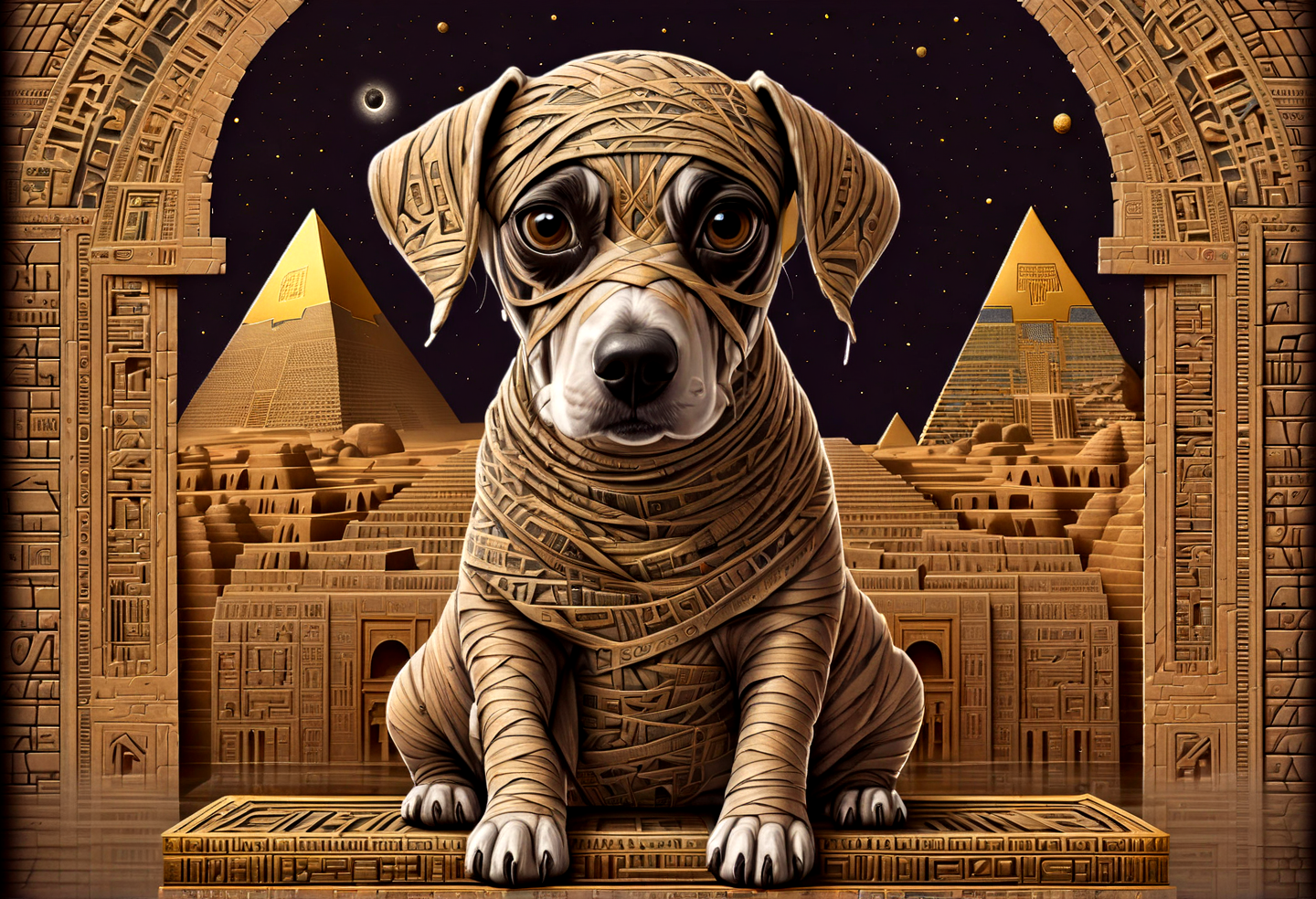 H.P. Lovecraft book cover (cute dog:1.2) in (eddie:1.5) style, looking like a mummy, in egypt, pyramids,  hyper detailed, highly intricate,,,. Unnamable ancient one, incomprehensible sanity-blasting geometries, cosmic horror
