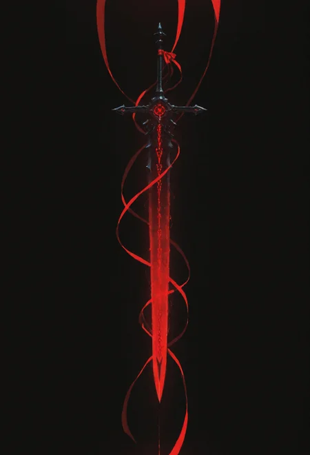 lazypos, vera_awa, EdgeOfAvarice, greatsword, glowing red runes, dark fantasy, demonic weapon, elegant, single weapon, extremely high detail, glowing runes, power, flowing ribbon, black background, dutch angle, floating, crimson energy 
