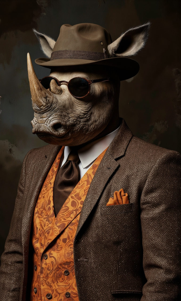ZooPolis art. A photo-realistic shoot from a frontal camera angle about a stylized anthropomorphic rhinoceros wearing sunglasses and a tweed suit with an orange vest and a matching hat. the image also shows a dark, textured background with subtle gradients. on the middle of the image, a male animal, likely a rhino, appears to be standing, wearing a brown tweed blazer, an orange paisley patterned waistcoat, a white shirt, a black tie, and a brown pocket square. he has a serious expression and is facing the viewer. he is wearing sunglasses, a hat, and has a pair of horn-like ears. his body is muscular and he is not wearing any shoes or pants.