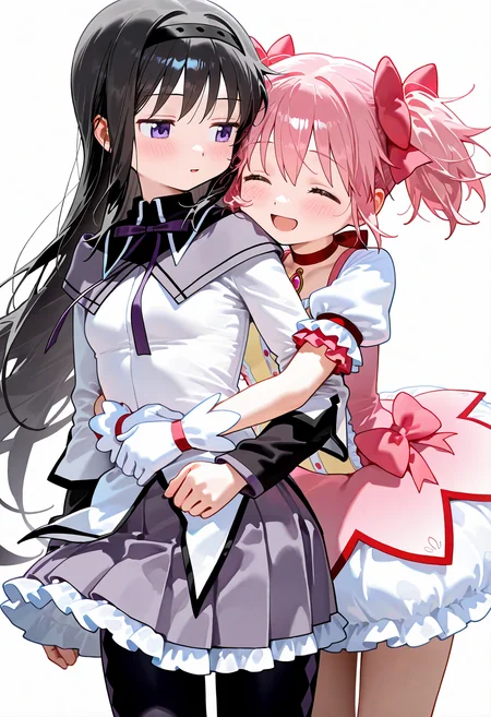 masterpiece, best quality, absurdres, highres, newest, general,
2girls, mahou shoujo madoka magica,
kaname madoka, pink hair, short twintalils, small breasts, smile, open mouth, blush, magical girl, pink dress, puffy short sleeves, frilled skirt,
akemi homura, black hair, long hair, small breasts, smile, blush, magical girl, long sleeves, frilled skirt, pleated skirt, hug from behind,
simple background,
<lora:nyalia:0.15>, <lora:dj_sloppa_ill_v2:0.3>,