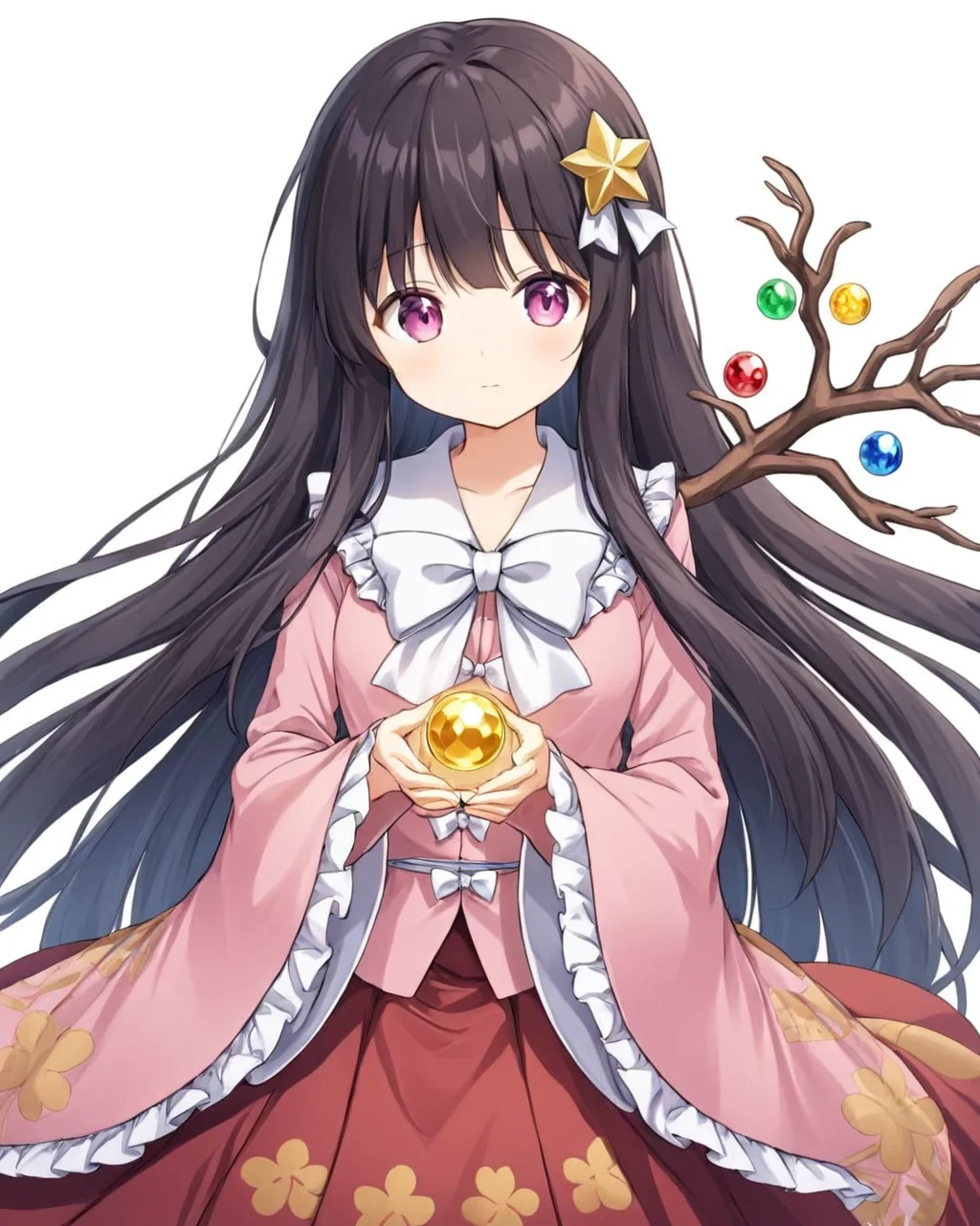 houraisan kaguya,1girl, solo, wide_sleeves, pink_shirt, long_sleeves, red_skirt, jeweled_branch_of_hourai, bowtie, floral_print, white_bow, white_background, holding
<lora:houraisan_kaguya_image2025_2023-12-14:1>,star-shaped_pupils,symbol-shaped_pupils,. gorgeous,key visual, vibrant, studio anime,award-winning, professional, highly detailed,high budget, cinemascope